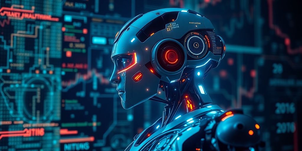 A digital robot interacting with glowing currency.