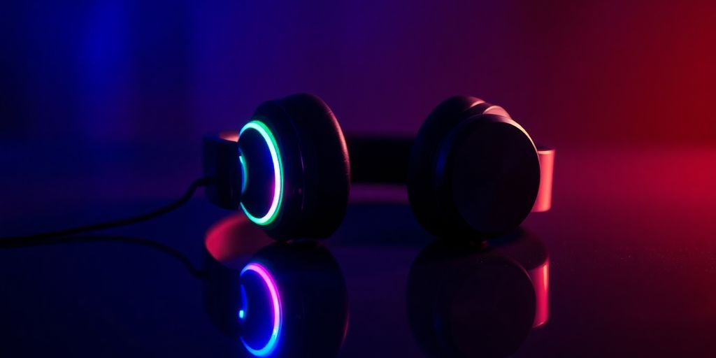 Headphones glowing with music on a dark background.