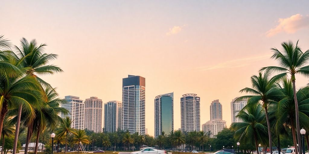 Aventura skyline with palm trees and clear blue sky.