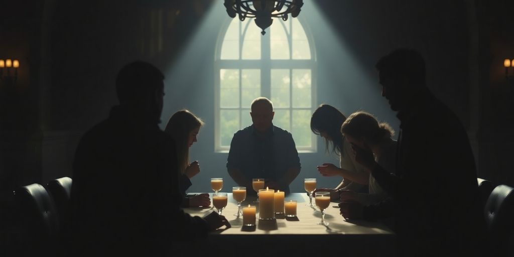 Silhouettes of people around a table in prayer.