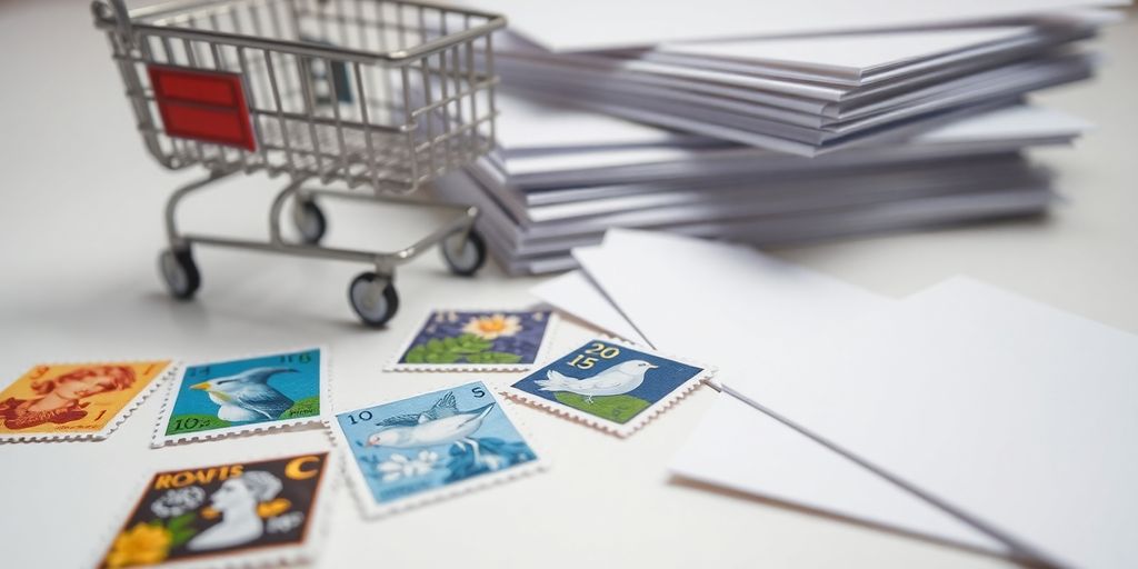 Mail stamps, envelopes, and a shopping cart.