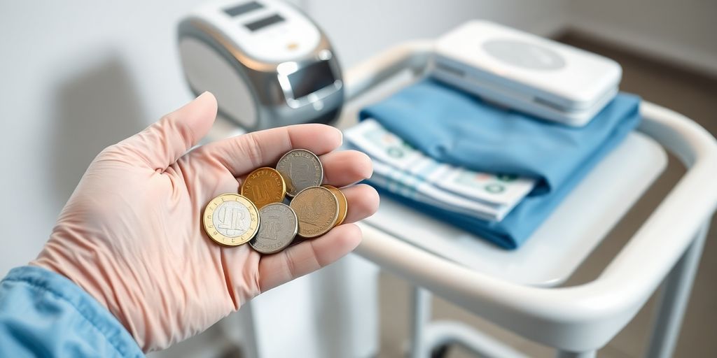 Gloved hand holding euro coins and folded banknotes beside laser