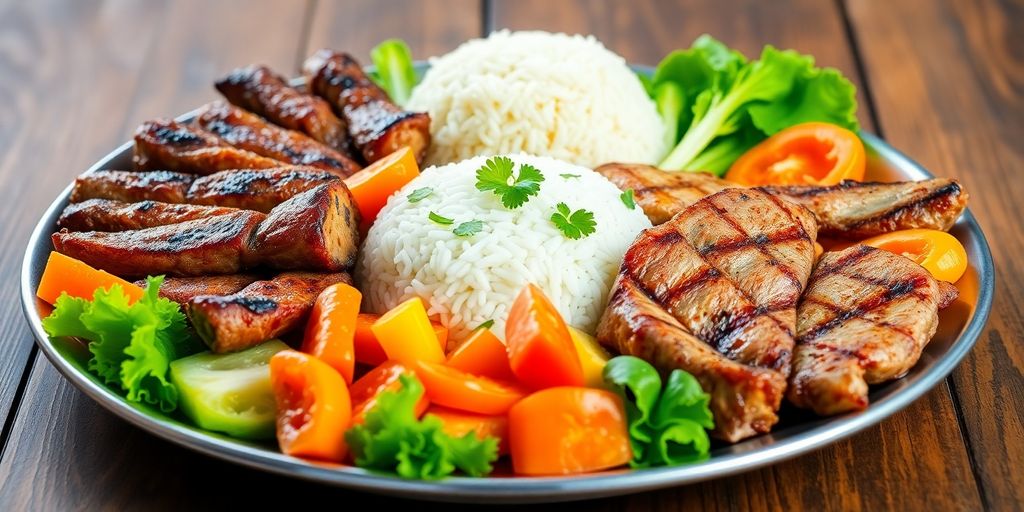 อาหารฮาลาลที่หลากหลายและน่าทานบนโต๊ะไม้