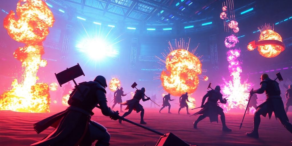 Valorant players compete in a futuristic digital arena.