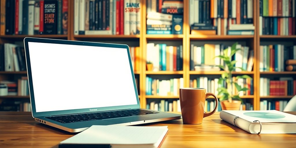 Inspiring workspace with laptop, notebook, and business books.