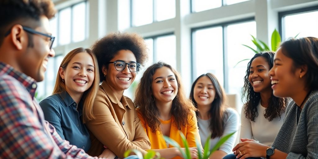 People working happily in a bright, modern office.