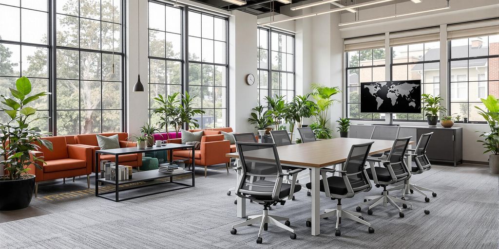 Contemporary office interior with stylish furnishings and windows.