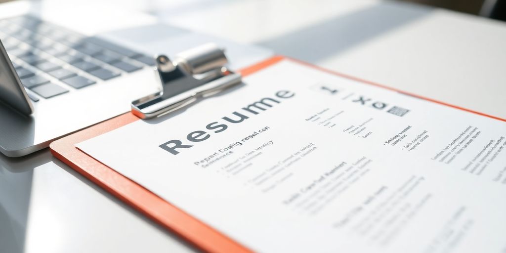 Resume on a clipboard next to a laptop.