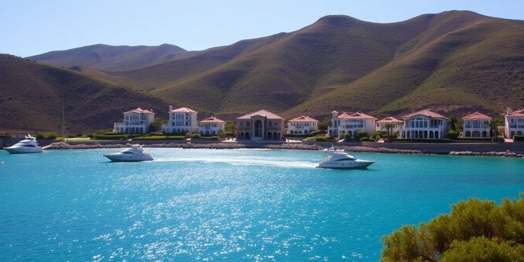 Luxury villas overlooking a pristine blue ocean bay.