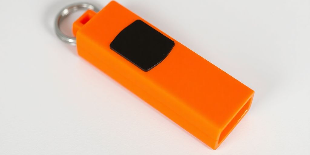 Bright orange emergency whistle for survival.
