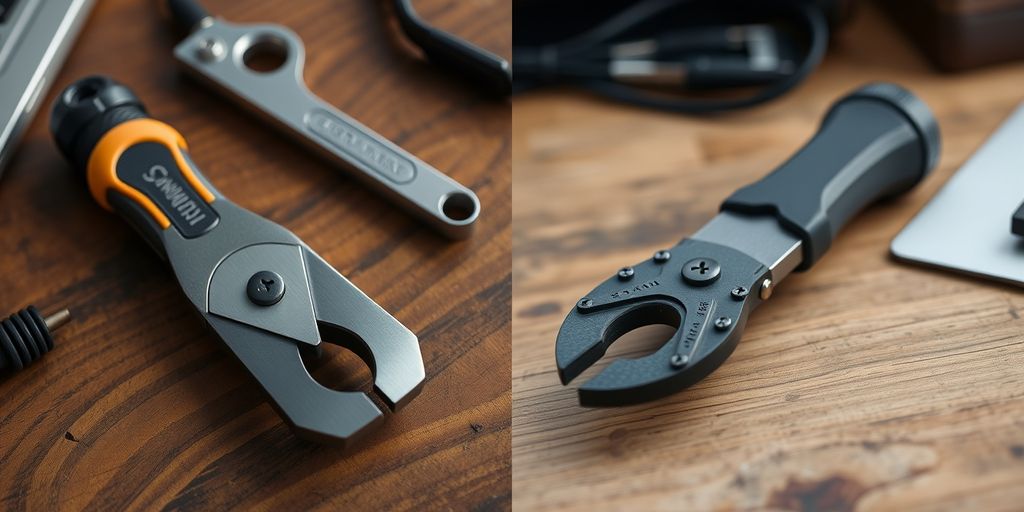 Two contrasting tools on a wooden desk.