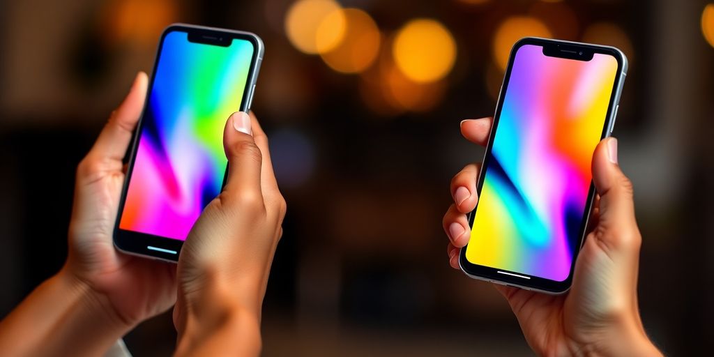 Diverse hands holding phones, colorful social media feed.