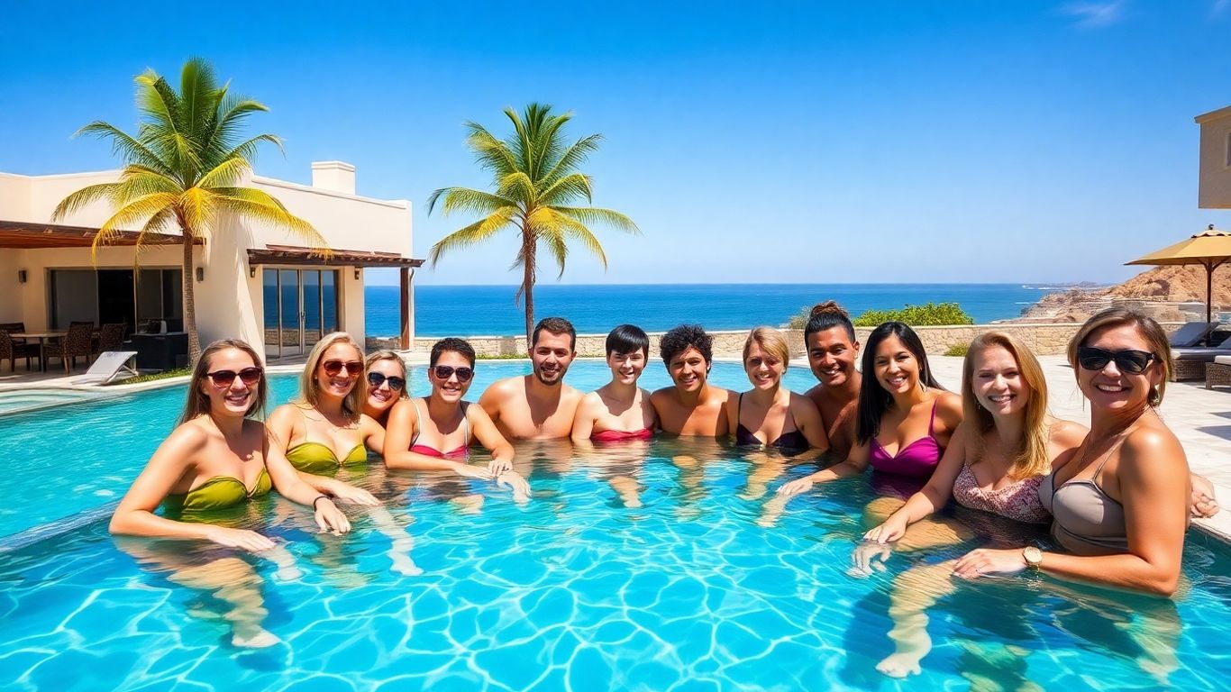 Group enjoying Cabo villa pool with ocean view