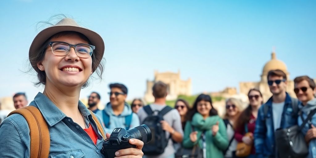 Tour guide smiling, holding camera, diverse group behind.