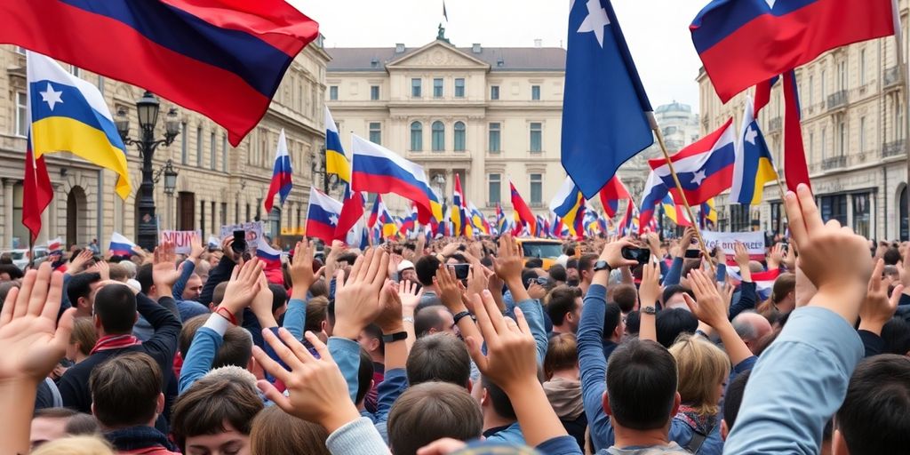 Crowd of people protesting in a city street.