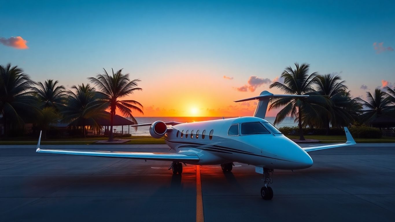 Private jet on tarmac with sunset over Cabo coastline.