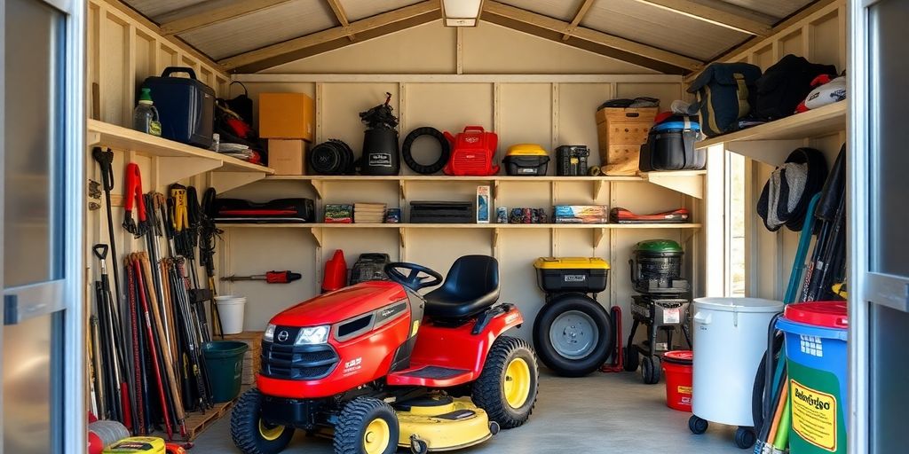 Organized lawn tractor storage shed with tools and equipment.