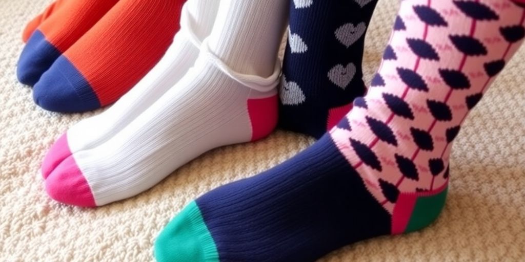 Colorful wide leg socks arranged on a textured surface.