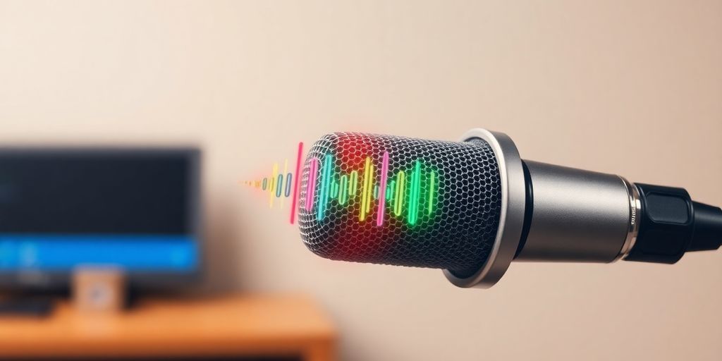 Podcast microphone with glowing sound waves