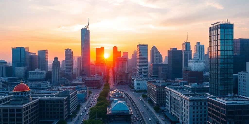 Global cityscape, bright, diverse, thriving, optimistic, economic growth.