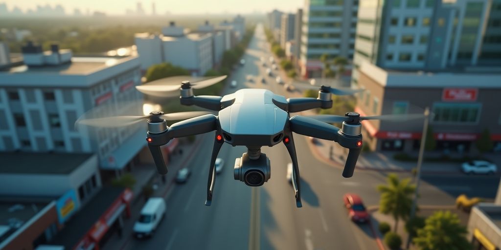 Drone survolant une ville commerçante animée.