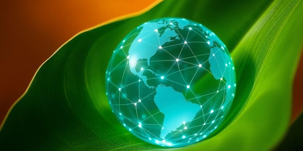 Digital globe with green leaf.