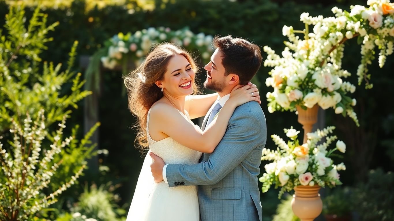 Couple embracing in a beautiful garden wedding venue.