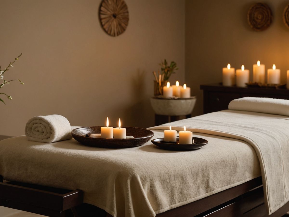 Serene spa setting with massage table and calming decor.