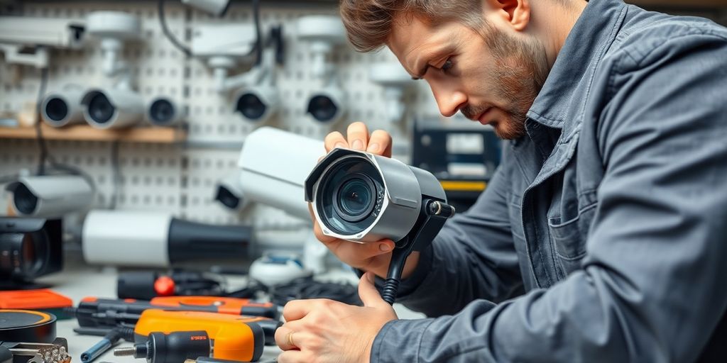 Technician inspecting CCTV camera with tools in workspace.