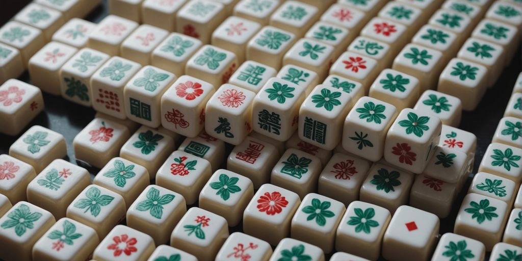 Close-up of Mahjong wind tiles on a wooden table.