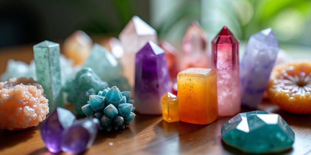 Cristalli colorati su un tavolo di legno
