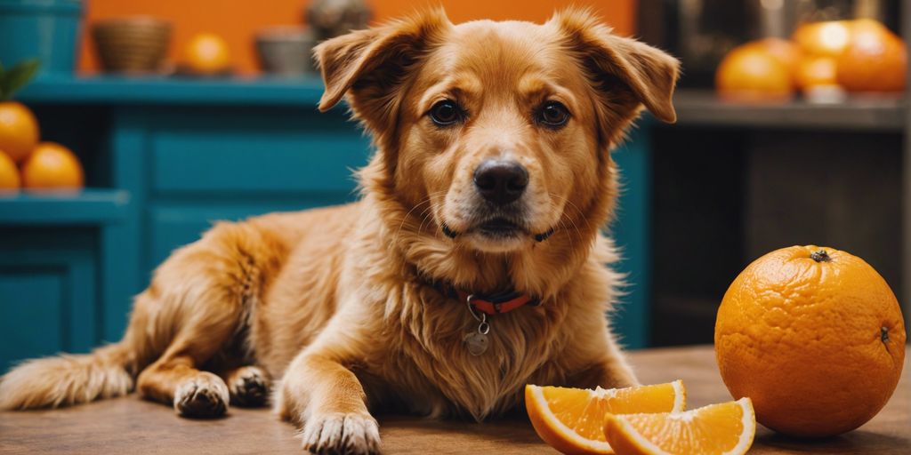 Happy dog sitting beside a sliced orange, highlighting the health benefits and risks of dogs eating oranges.