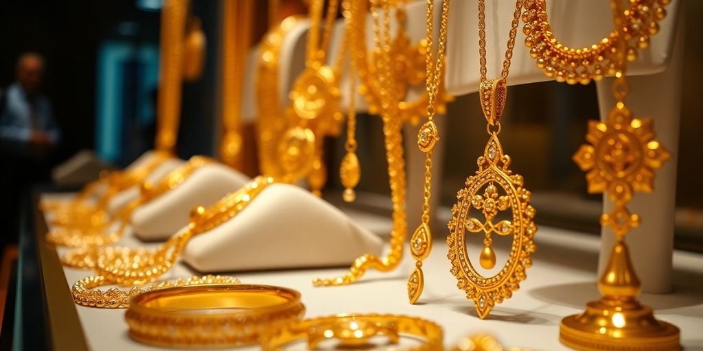 Bijoux en or exposés dans une maison de ventes aux enchères.