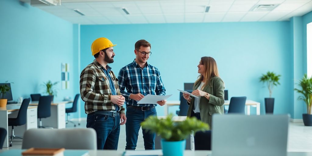 FAQ Werkvertrag: Abgrenzung zu anderen Vertragsformen leicht erklärt Professioneller Arbeitsplatz mit Kontraktoren und Kunden im Gespräch.