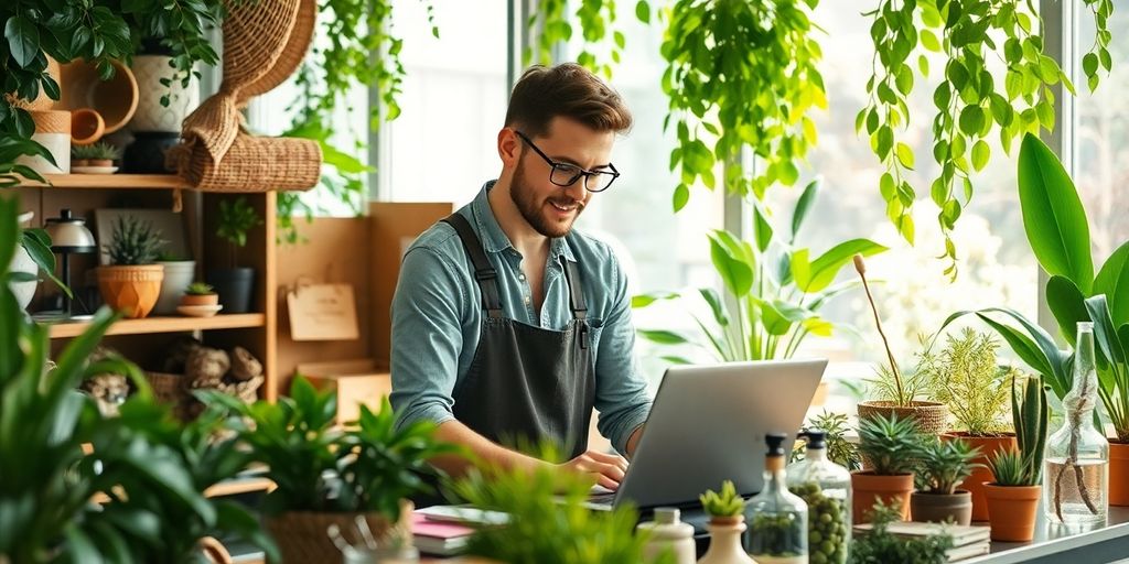 Small business with plants and eco-friendly products.