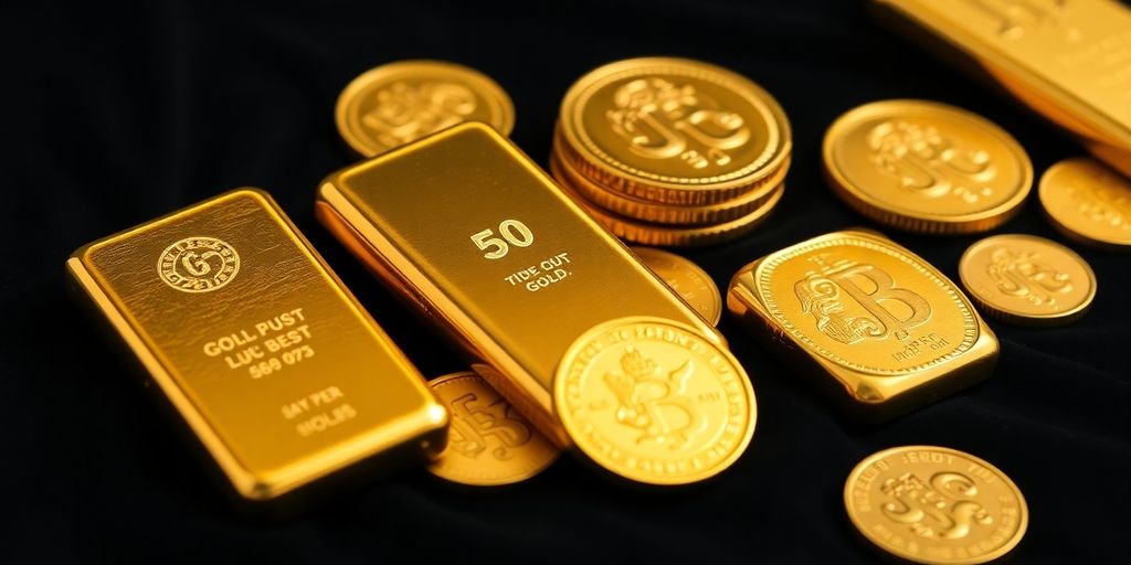 Lingots et pièces d'or sur fond sombre.