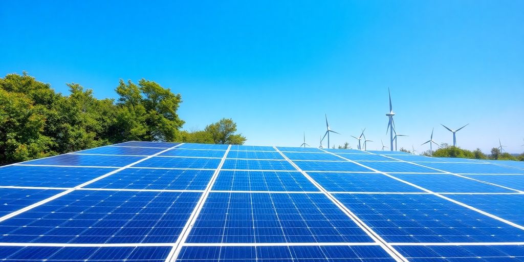 Solar panels and wind turbines in a sunny landscape.