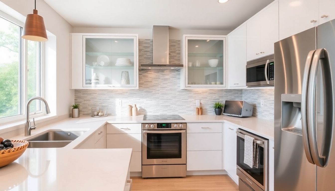 Modern kitchen with sleek cabinets and stainless steel appliances.