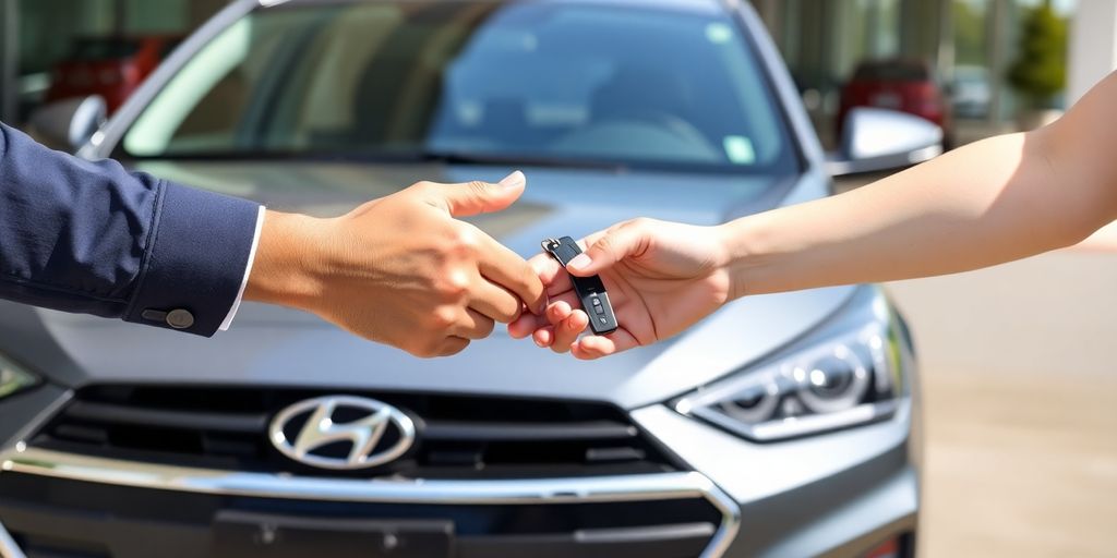 Hyundai car with owner passing keys to new owner.