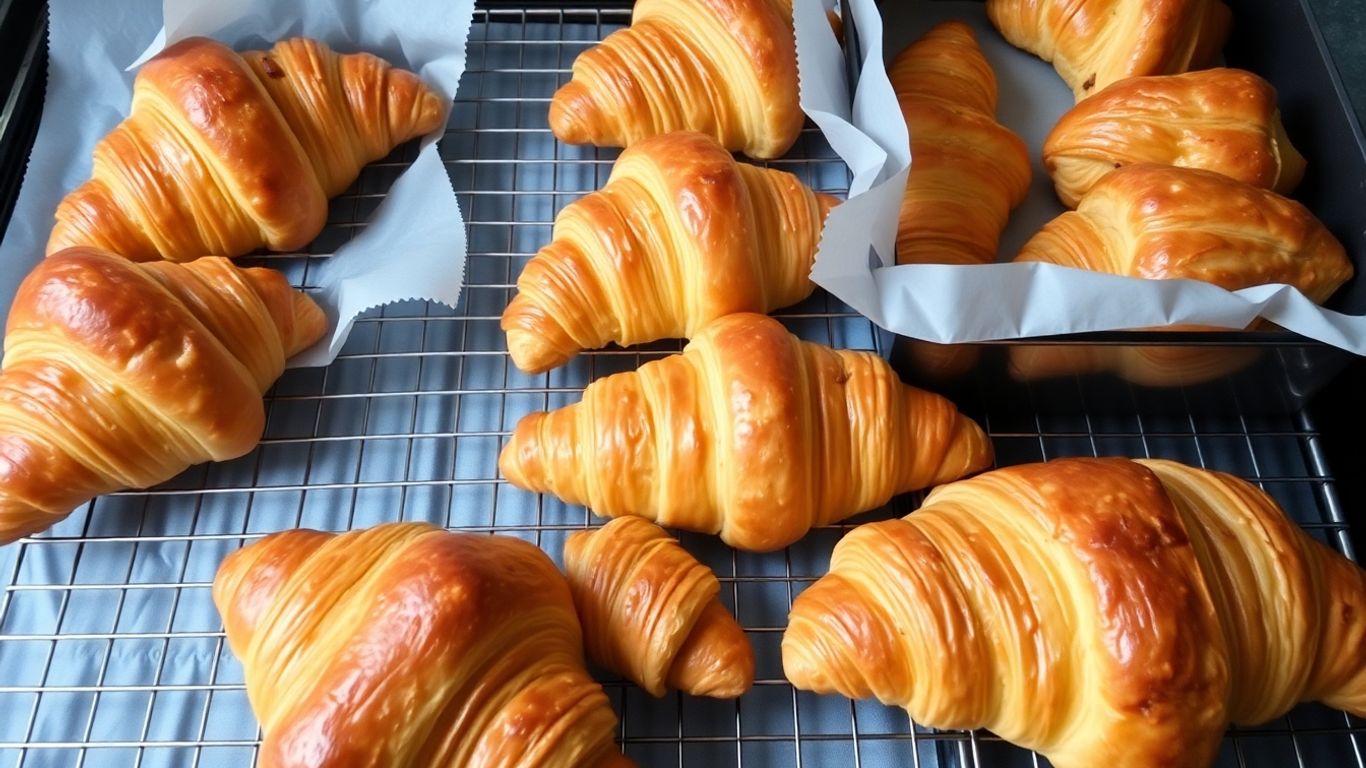 Fresh flaky croissants and pastries on cooling rack.