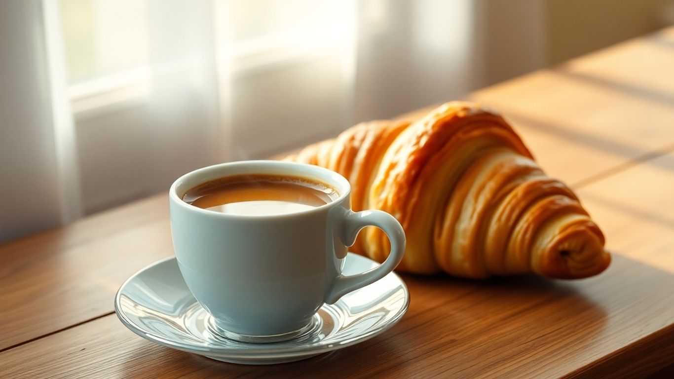 Cup of coffee and croissant on breakfast table