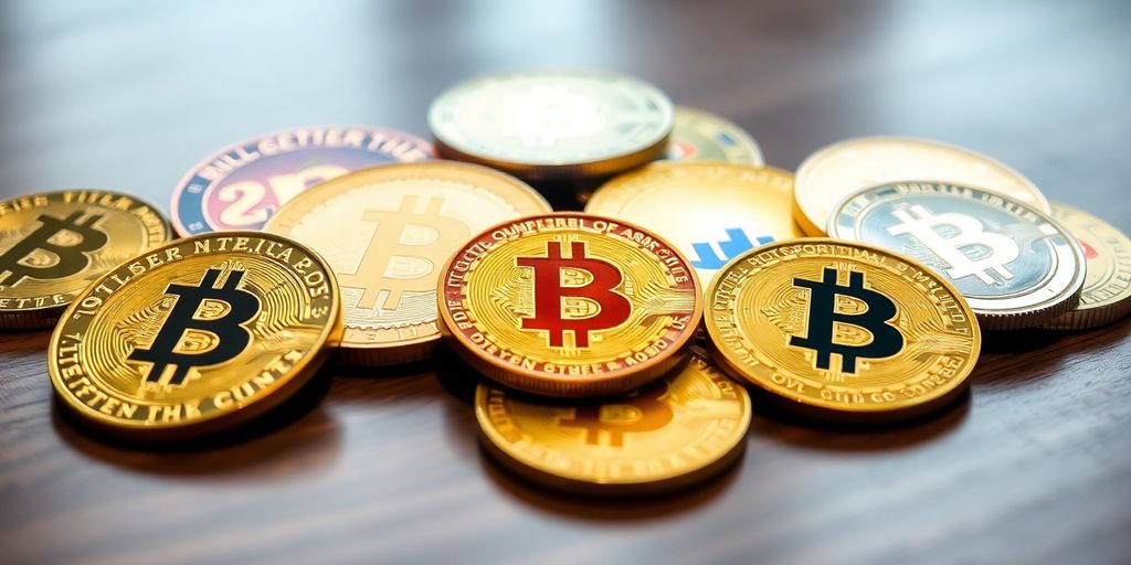 Photograph of various cryptocurrency coins on a table.