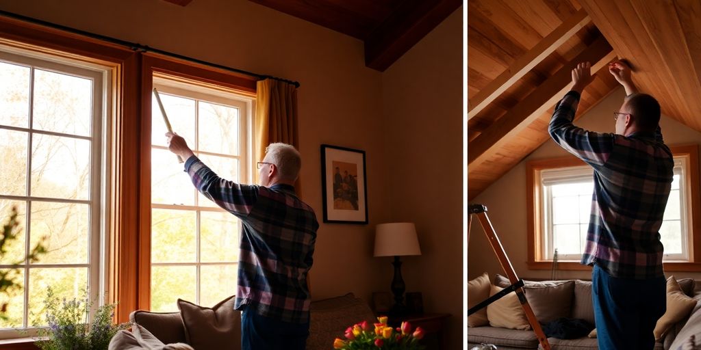 Homeowner improving home efficiency with autumn sunlight.