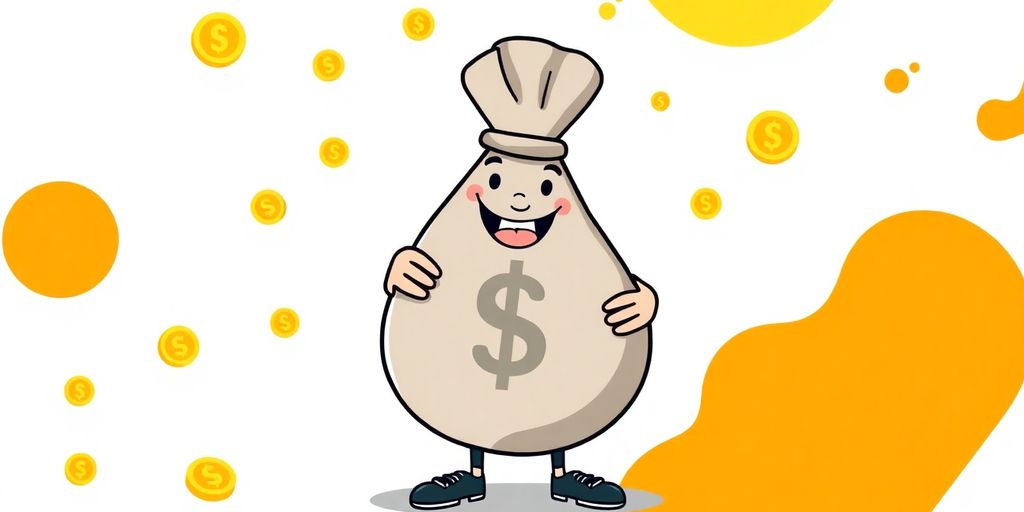 Cartoon character happily consolidating debts with a money bag.