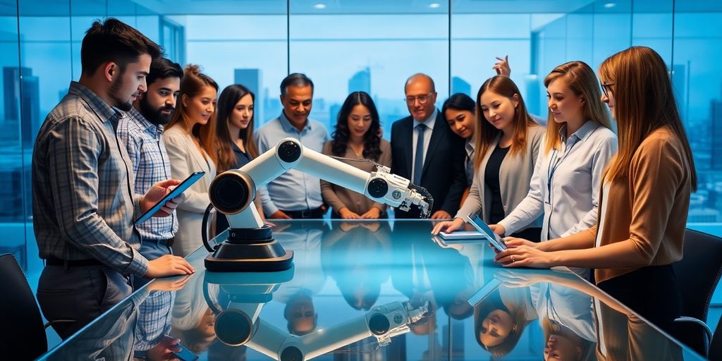 Team collaborating with robot arm around table in modern office