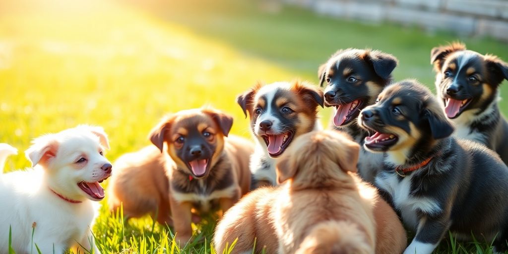 Puppies playing and socialising in a park.