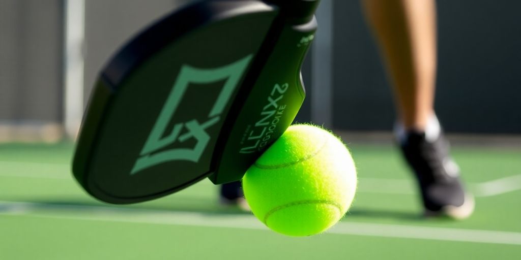 Pickleball paddle hitting a neon green ball.