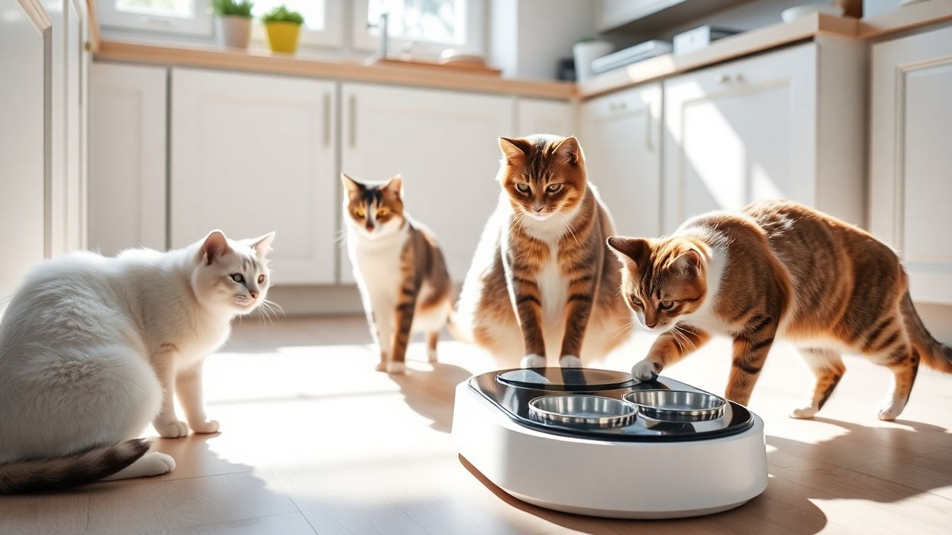 Three cats eating from a smart feeder in kitchen