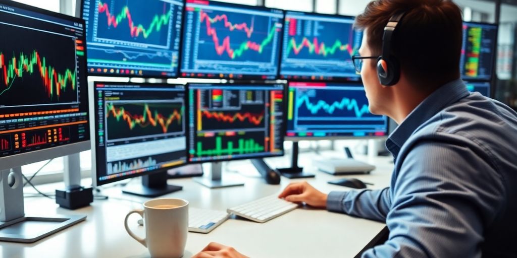 Traders analyzing market data in a bright workspace.