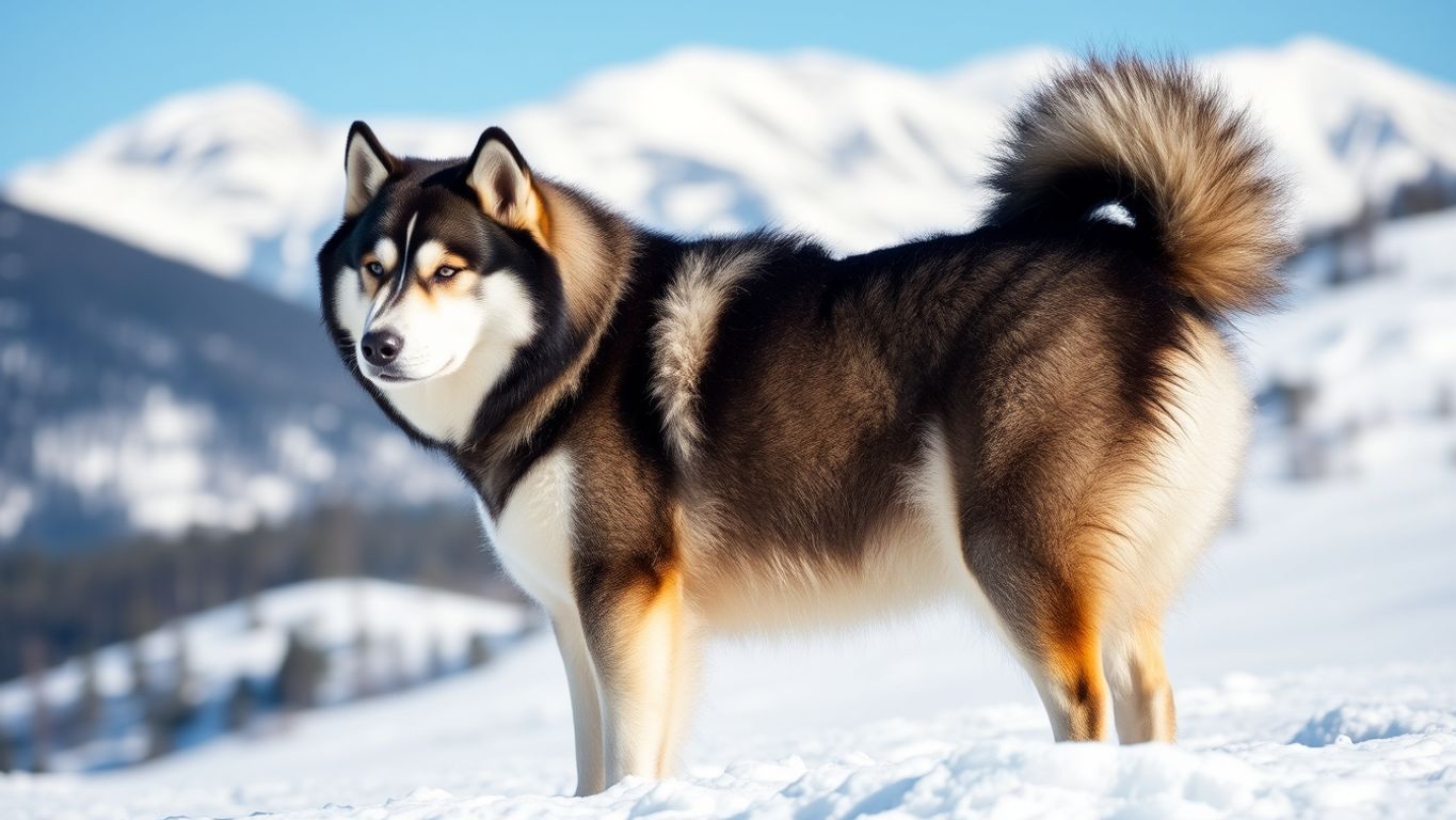 Alaskan Malamute in snowy landscape with mountains.